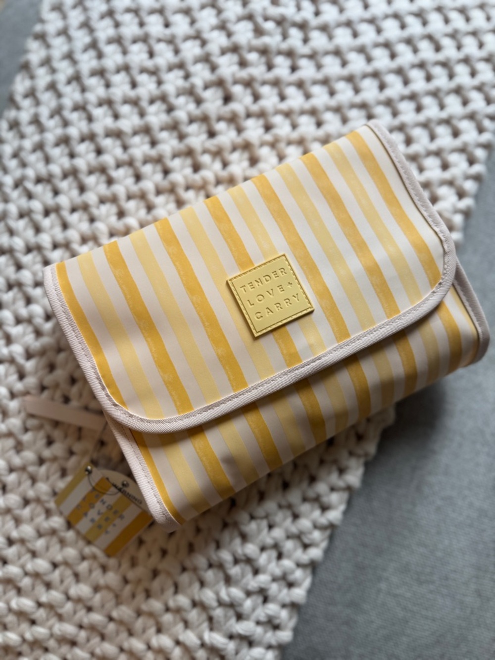 NEW Tender Love Carry Fold Over Toiletry Weekender Cosmetic Bag striped yellow